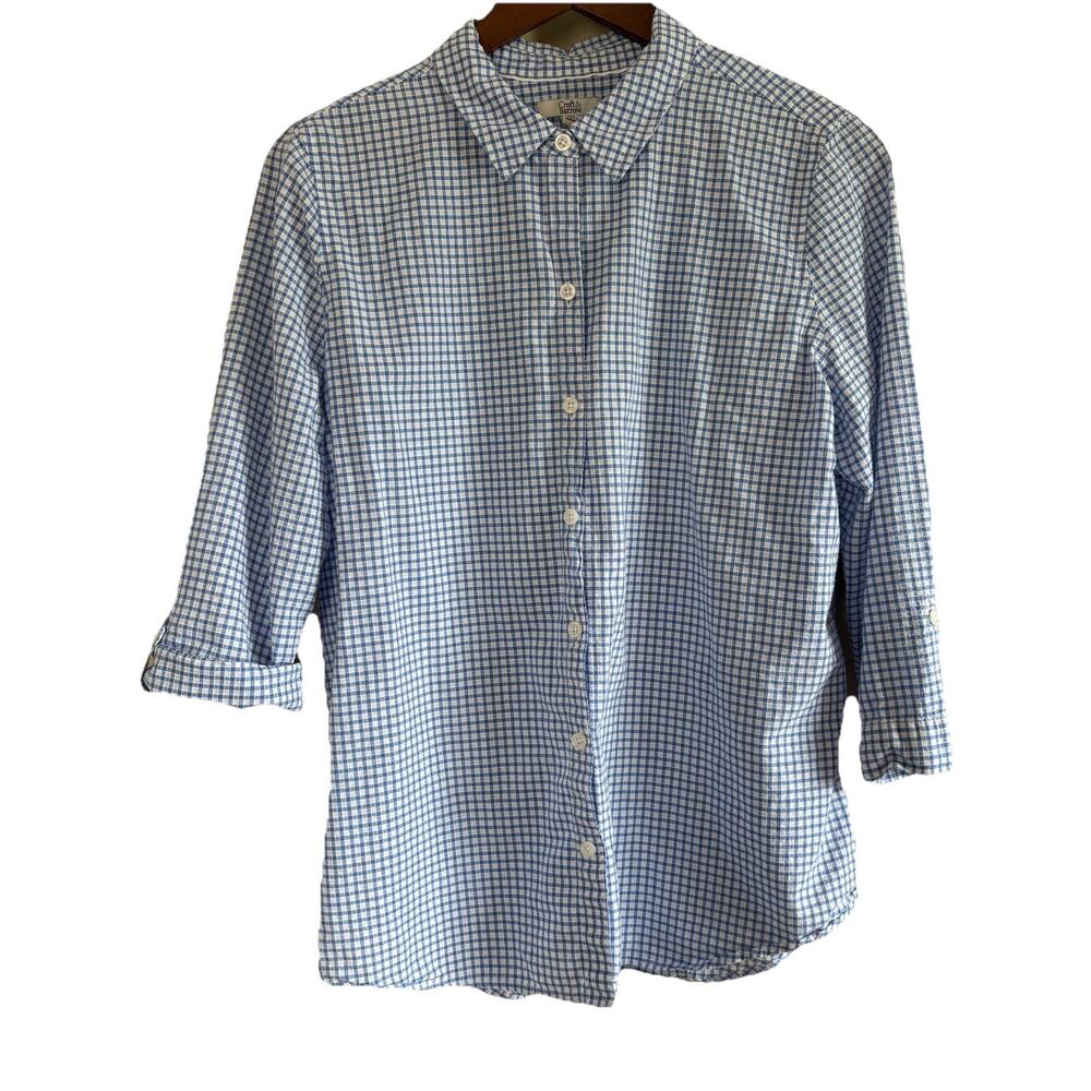 Croft & Barrow Women’s Blue White Gingham Button Up Shirt XL 3/4 Roll Tab Sleeve
